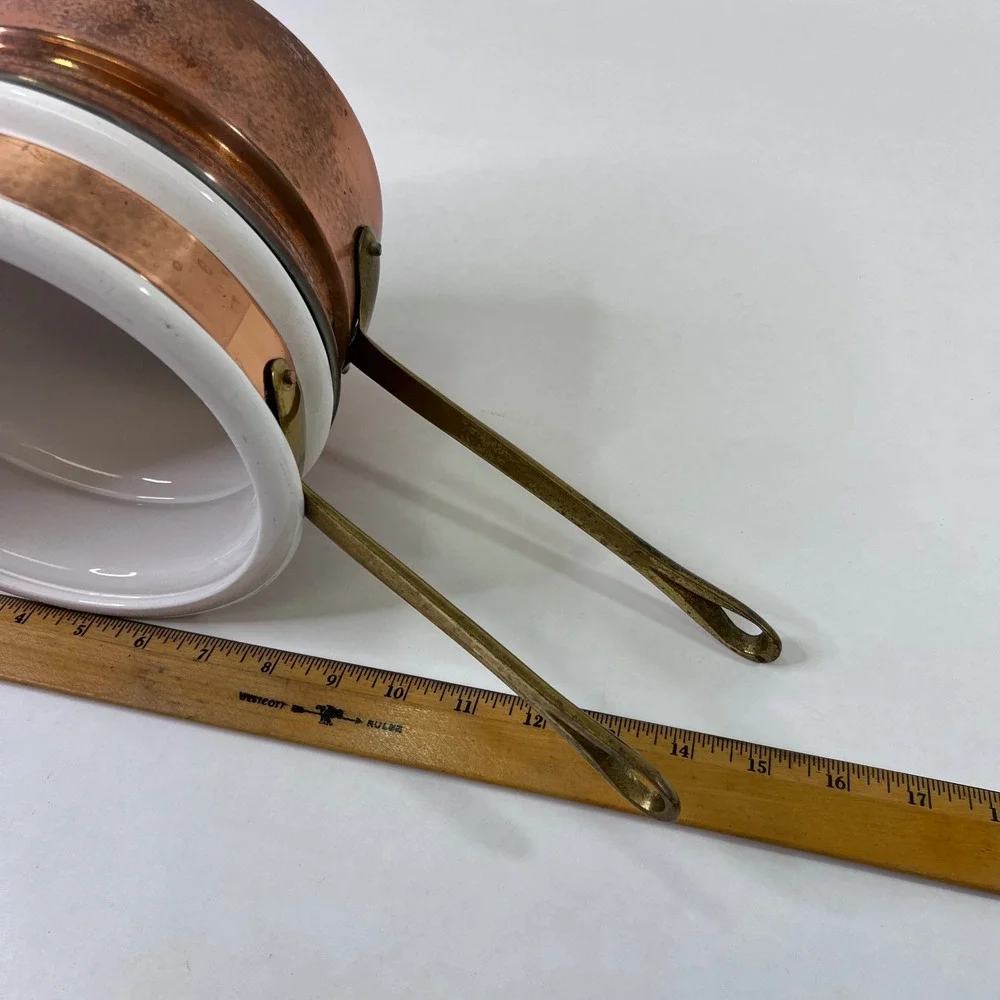 Vintage Copper Clad Double Boiler Porcelain Insert Brass Handles Outeiro 889